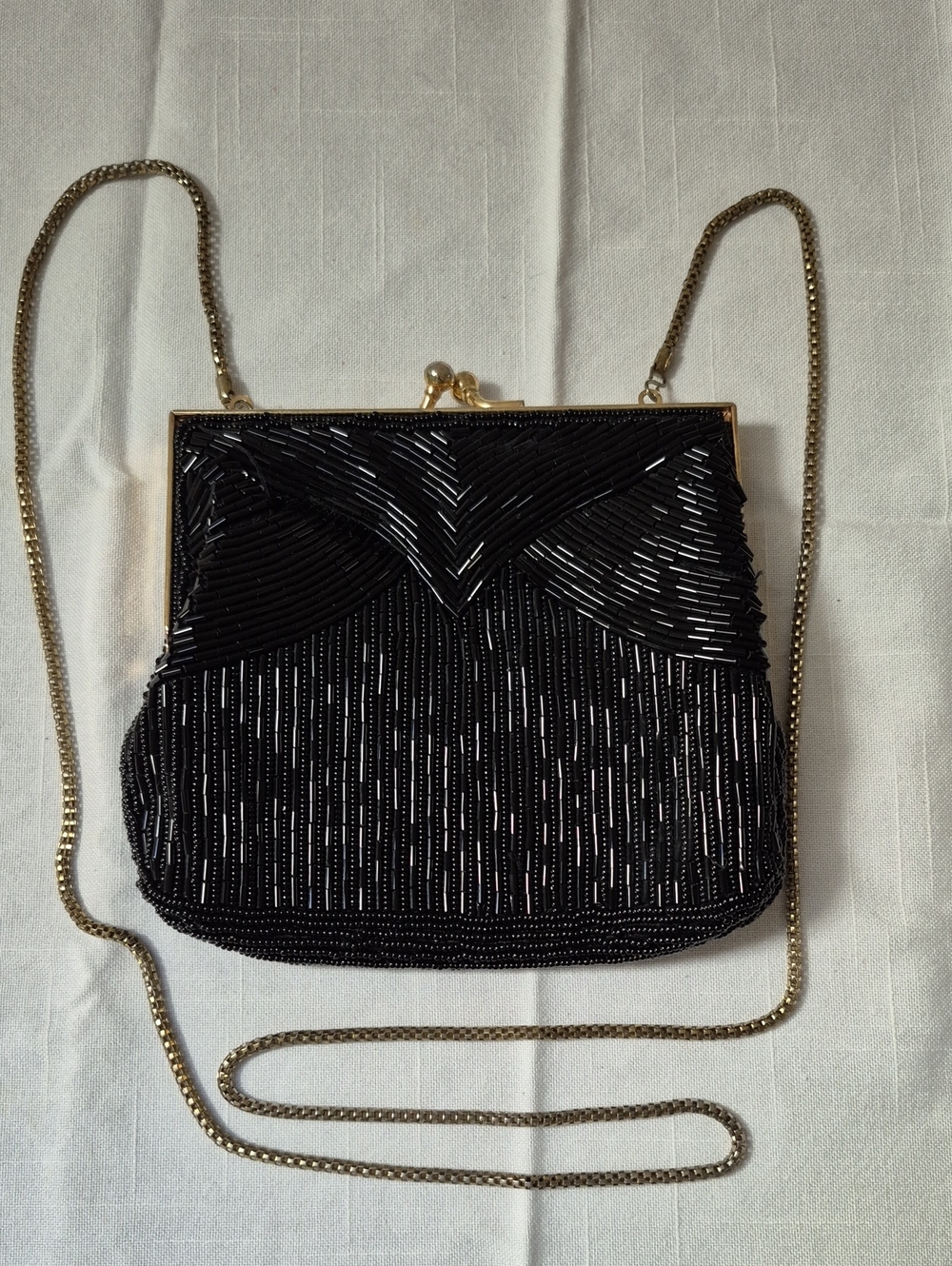 Black Beaded Evening Crossbody Bag with Gold Chain
